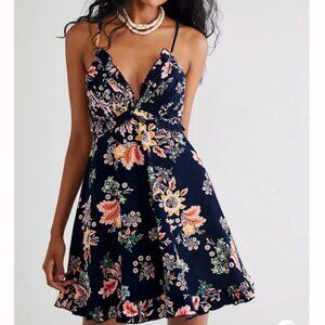 Free People Dress Cord Looking Glass Navy Blue Floral BoHo Mini Dress XS